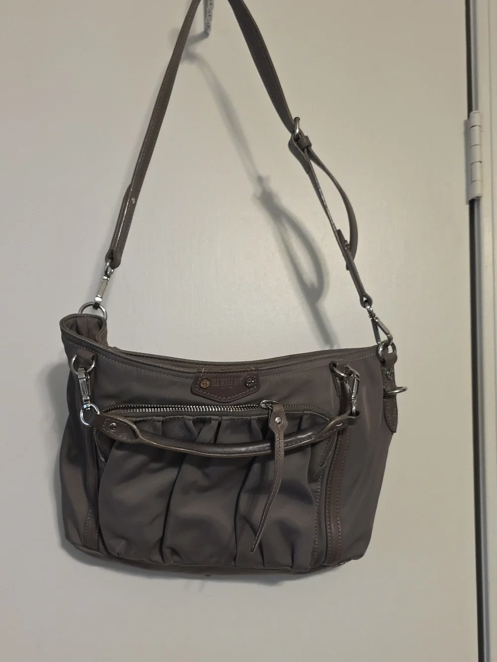 MZ Wallace Taupe Nylon W/ Leather Trim Pleated Front Satchel